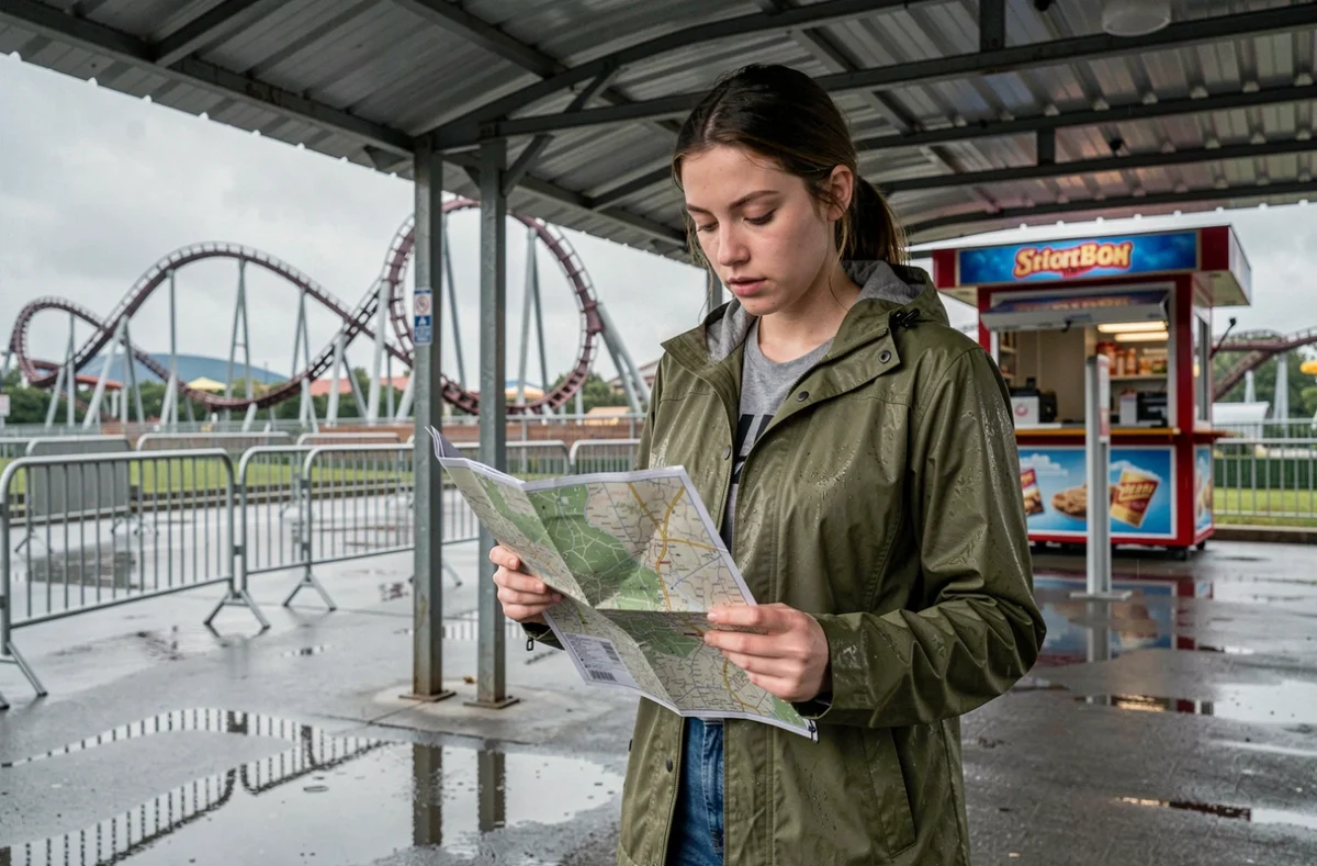Jeune femme consultant un plan du parc Walibi sous un abri par temps de pluie