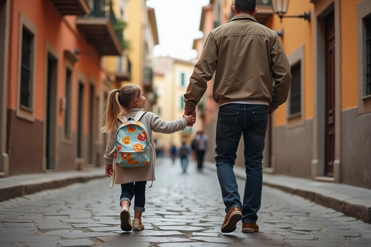 Père et sa petite fille explorant une ville historique européenne lors d'un voyage en famille pendant la maternelle